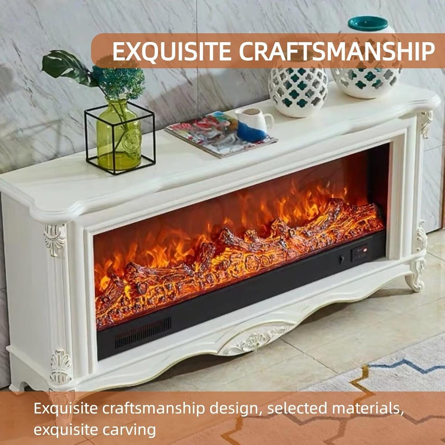 Aihm-Lon Electric Fireplace White Wavy Large TV Stand 59”