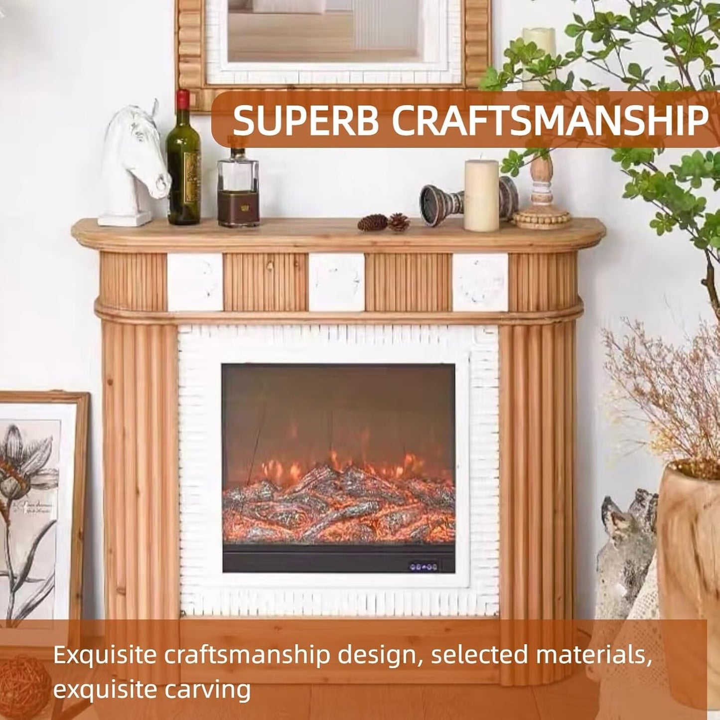 Aihm-Lon Brown Retro Electric Fireplace with Natural Texture 47”