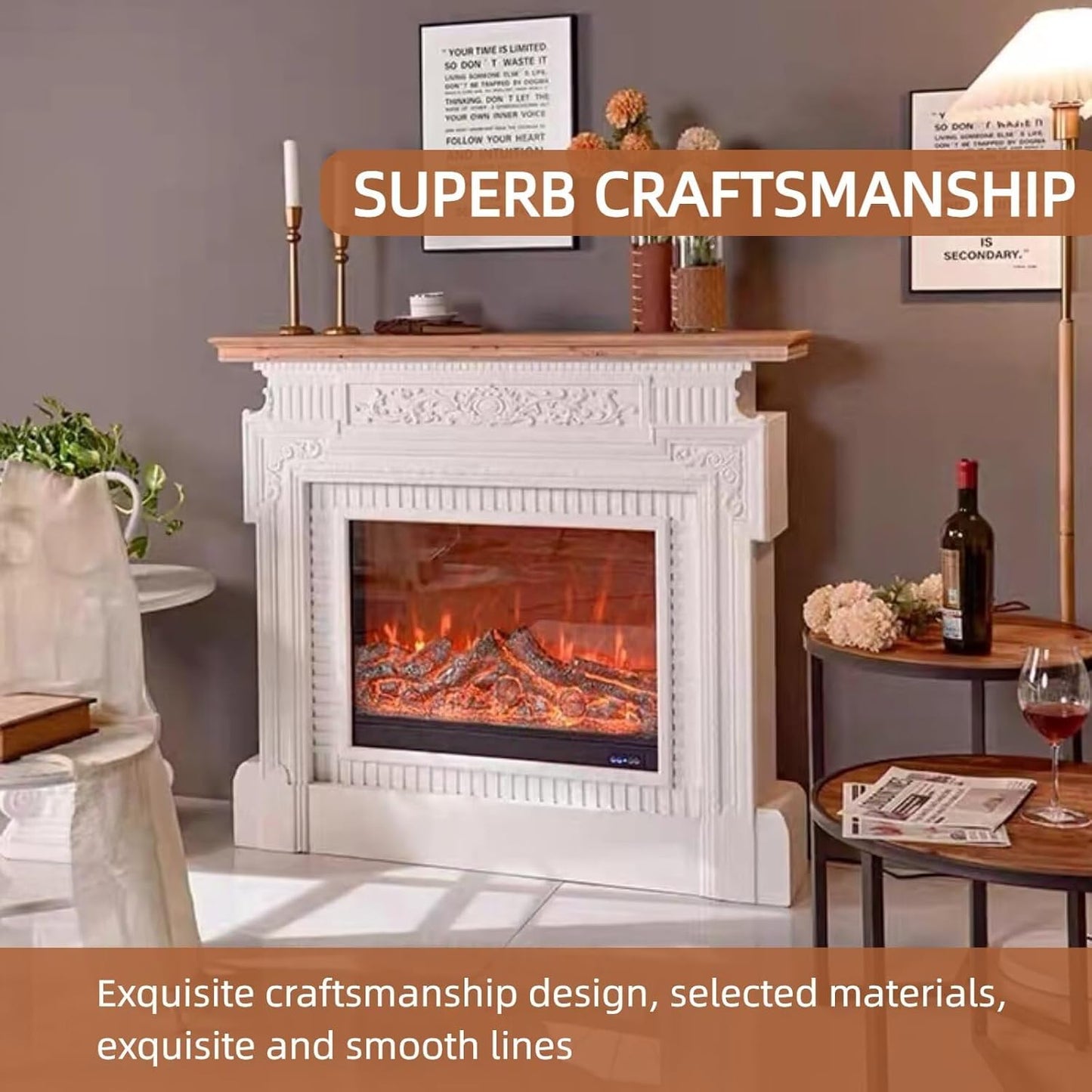 Aihm-Lon White Indoor Electric Fireplace with Retro Engraving 49”