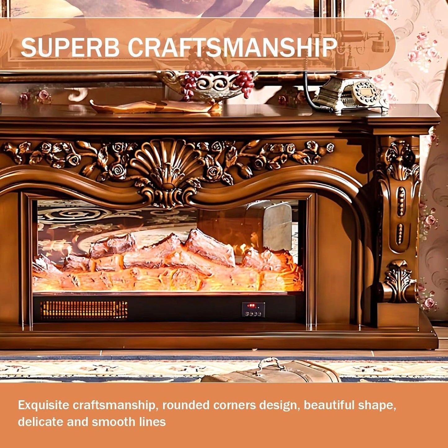 Aihm-Lon Luxurious Electric Fireplace Includes Brown Exquisite Carved Design 63”