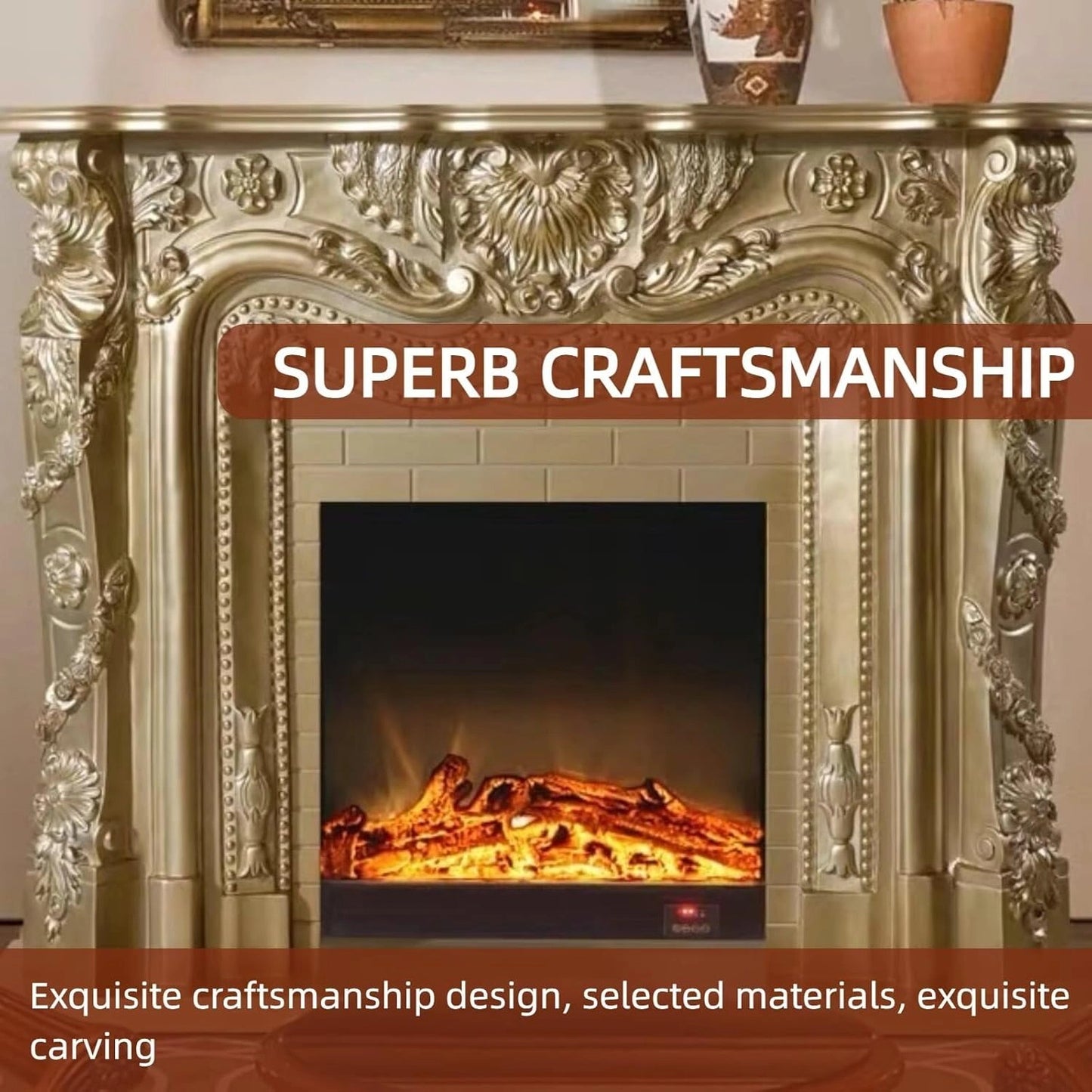 Aihm-Lon Exquisite Electric Fireplace Gold Luxury Countertop Archway 59”