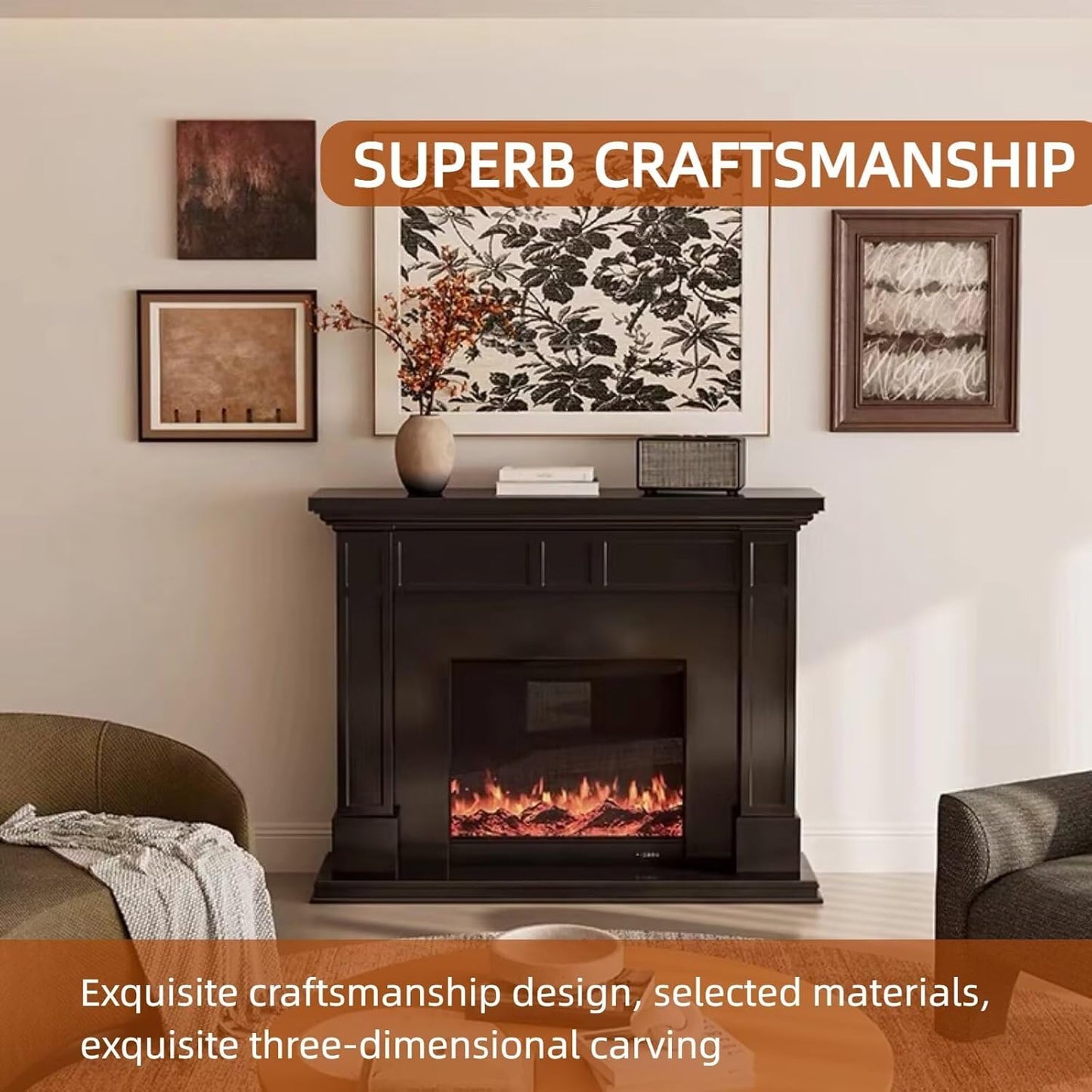 Aihm-Lon Black Electric Fireplace Faux Flame 3D Texture 47”-59”