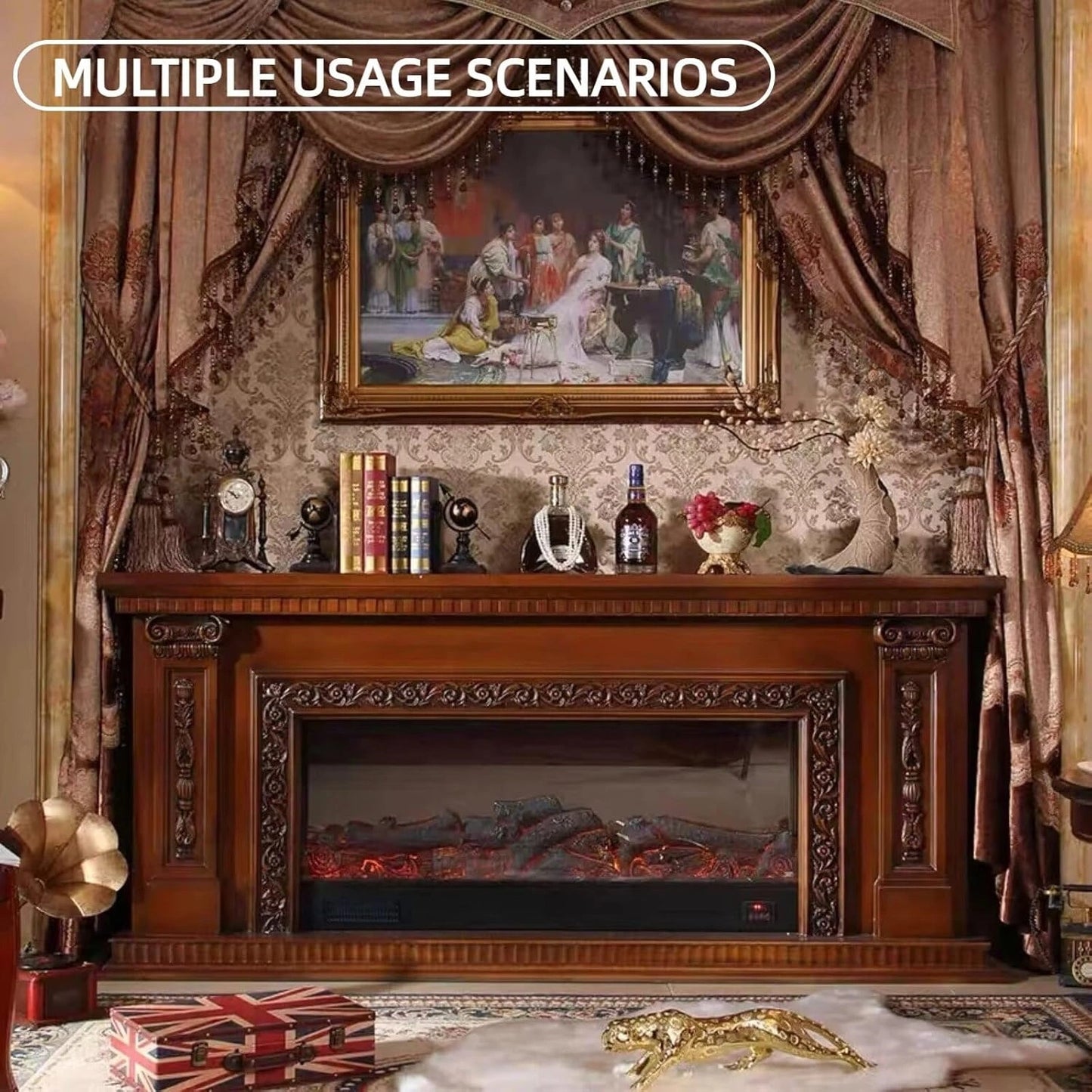 Aihm-Lon Vintage Electric Fireplace with Brown Floral Relief 79”