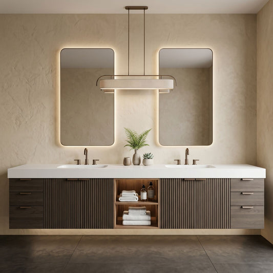 70''-96'' Modern Bathroom Vanity with Sink Vertical Ribbed Doors Solid Wood Cabinet