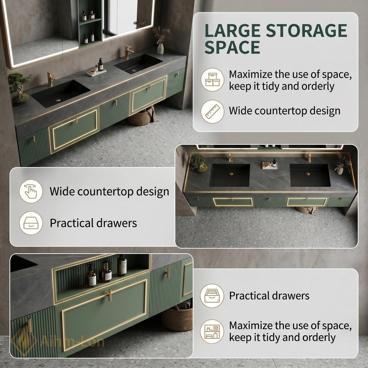 70''-96'' Modern Floating Double Bathroom Vanity with Sink Soft Green Slatted Panels