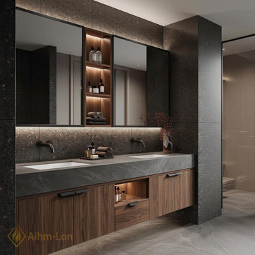 60''-96'' Sleek Bathroom Vanity with Sink Wall-Mounted Dark Wood Grain Open Mirror