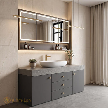 36''-110'' Floating Bathroom Vanity with Sink Sintered Stone Top Geometric Frame