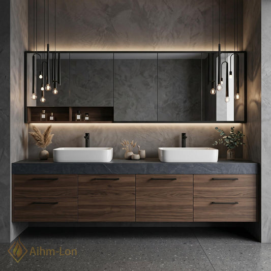 60''-96'' Double Bathroom Vanity with Sink Floating Dark Stone Top Warm Wood