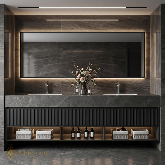 60''-96'' Double Bathroom Vanity with Sink Dark Modern Floating Stone Slatted Open
