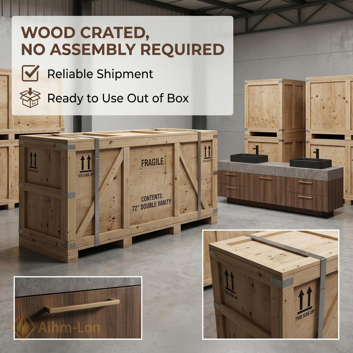 60''-96'' Double Bathroom Vanity with Sink Walnut Modern Floating Top Grain Drawers