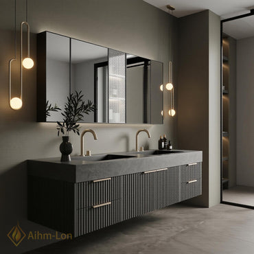 60''-96'' Double Bathroom Vanity with Sink Modern Floating Dark Stone Finish Fluted