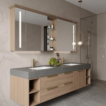 60''-96'' Double Bathroom Vanity with Sink Modern Floating Warm Wood Grain Open Side Shelving