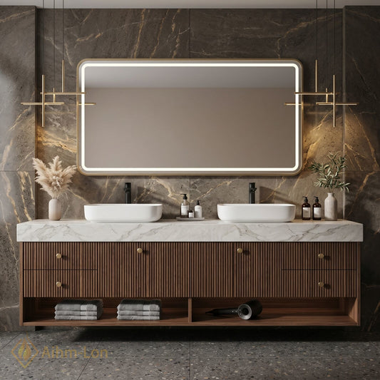 70''-96'' Double Bathroom Vanity with Sink Modern Slatted Wooden Panels Marble Vein