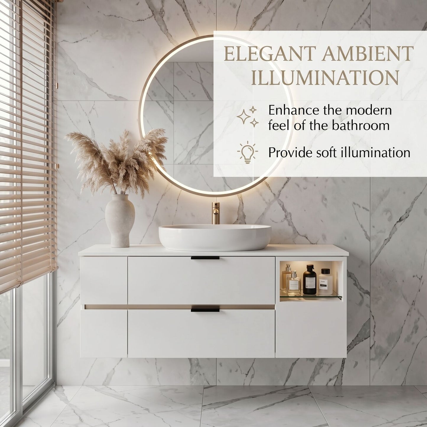 36''-64'' Modern Bathroom Vanity with Sink Floating White Anti-Fog Open Side Shelving