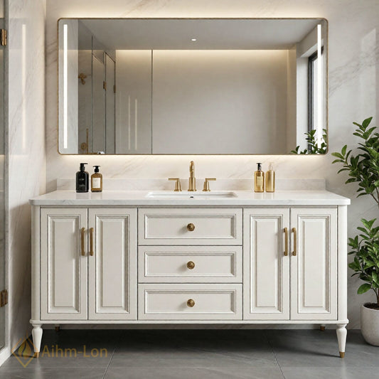40''-64'' Modern Bathroom Vanity with Sink White Marble Gold Legs Central Drawers