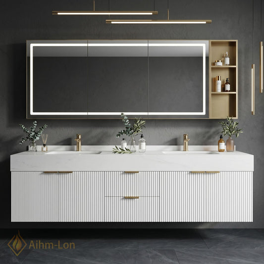 60''-96'' Double Bathroom Vanity with Sink Sleek Floating Ribbed Doors Stone-Effect Top