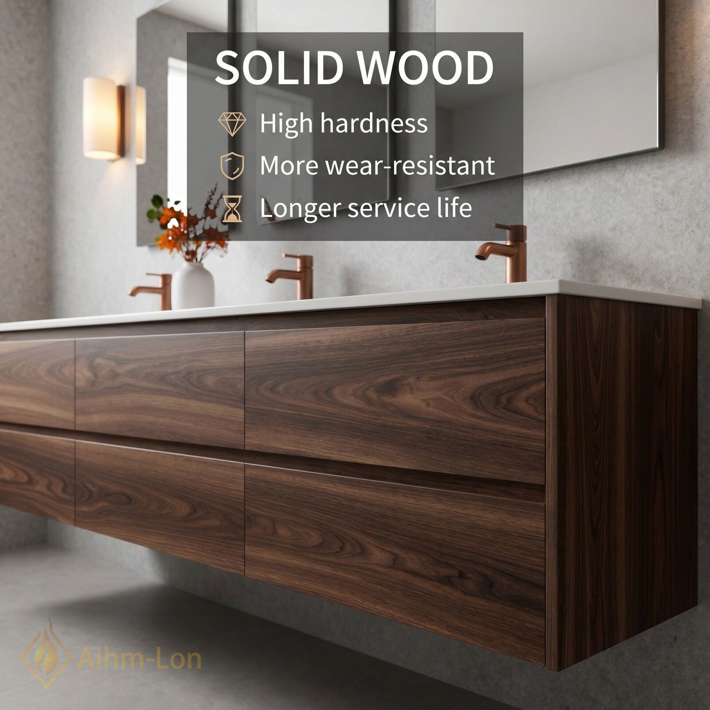 78''-96'' Modern Bathroom Vanity with Sink Triple Floating Dark Wood Grain Mirror Set