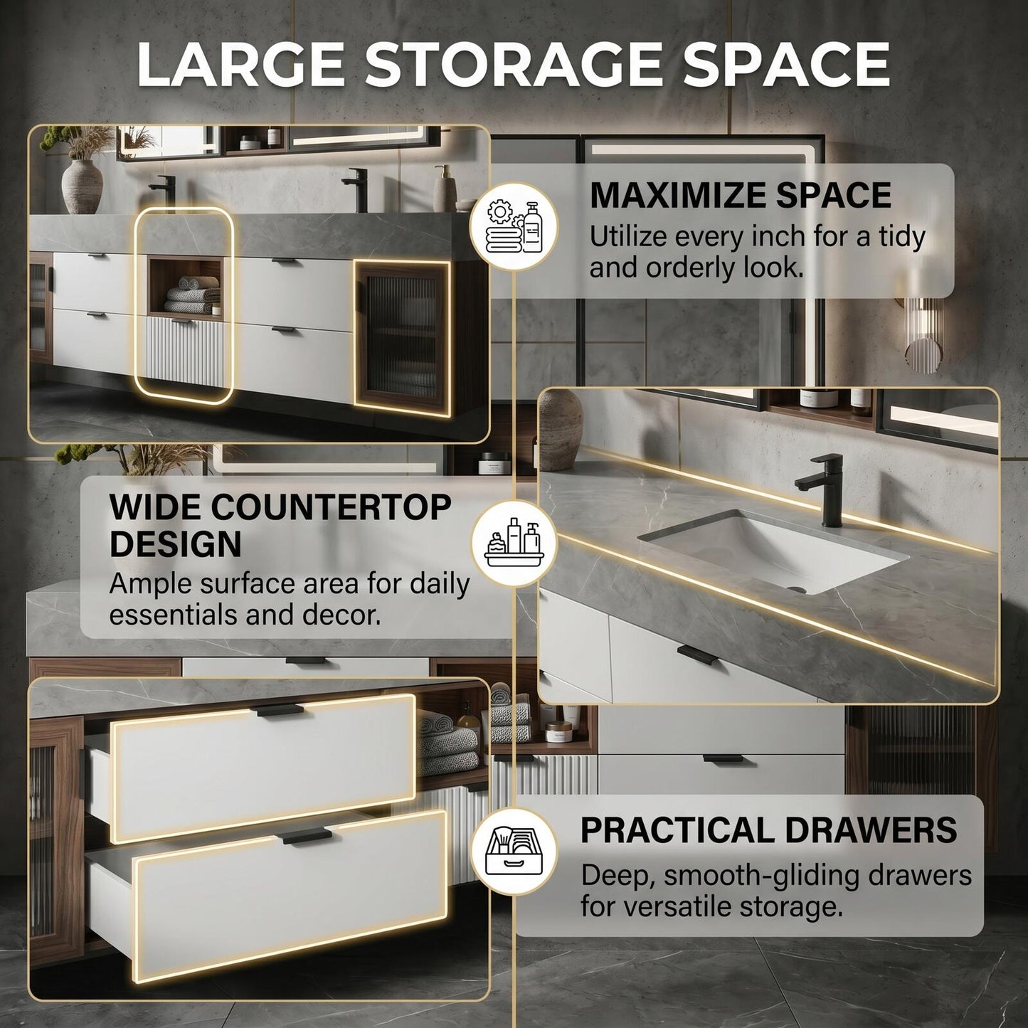 60''-96'' Modern Bathroom Vanity with Sink Double Sink Grey Stone Top Veneer Doors Cabinet