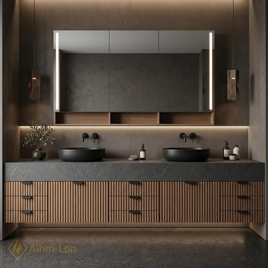 60''-96'' Double Bathroom Vanity with Sink Floating Dark Stone Top Slatted Doors