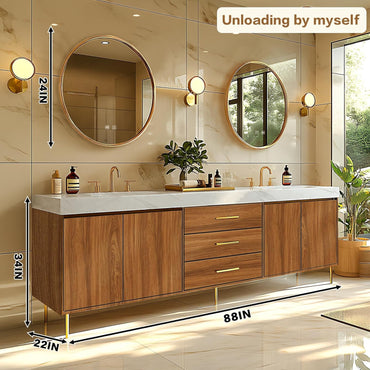 88"Retro Bathroom Vanity with Double Sinks Includes Symmetrical Cabinet & Round Mirror