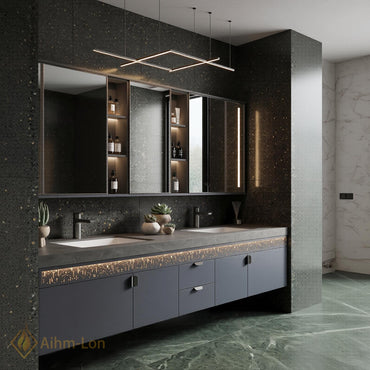 60''-96'' Double Bathroom Vanity with Sink Sleek Wall-Mounted Matte Charcoal Finish Slatted