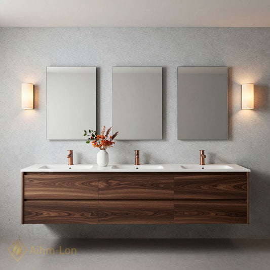 78''-96'' Modern Bathroom Vanity with Sink Triple Floating Dark Wood Grain Mirror Set