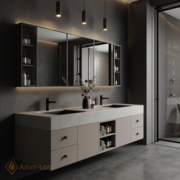 60''-96'' Double Bathroom Vanity with Sink Textured Stone Top Matte Grey Doors