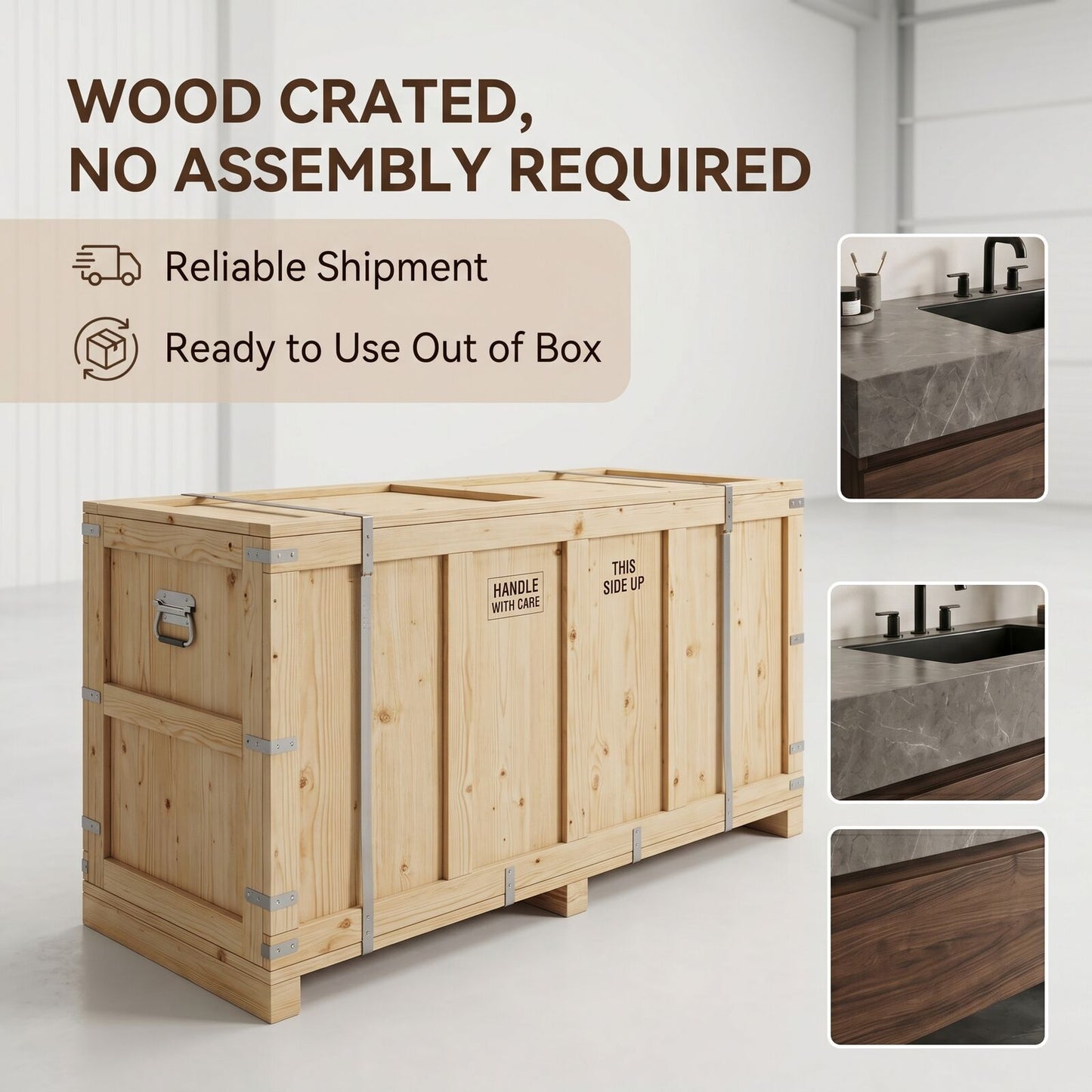 60''-96'' Modern Bathroom Vanity with Sink Double Sink Dark Stone Wood Grain Drawers Cabinet