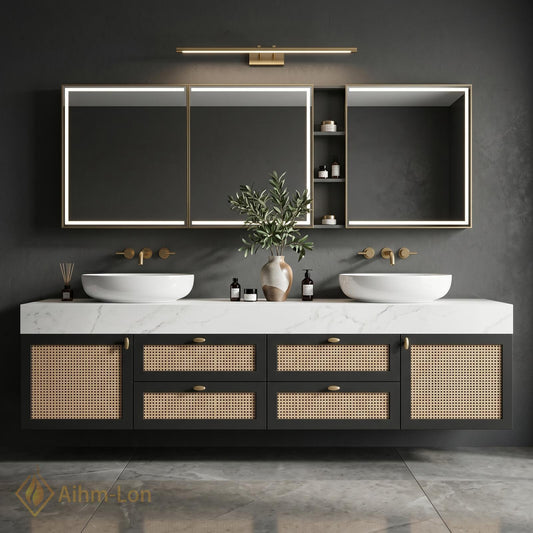 70''-96'' Double Bathroom Vanity with Sink White Marble Top Floating Rattan Doors