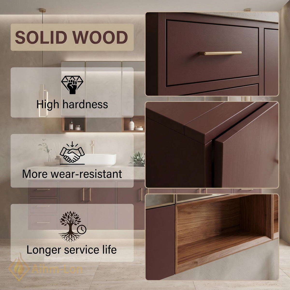 76''-96'' Bathroom Vanity with Sink Floating Double Stone Top Taupe Finish Spacious