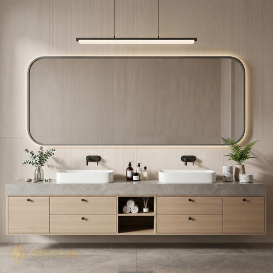 70''-96'' Double Bathroom Vanity with Sink Modern Stone-Effect Top Open Storage