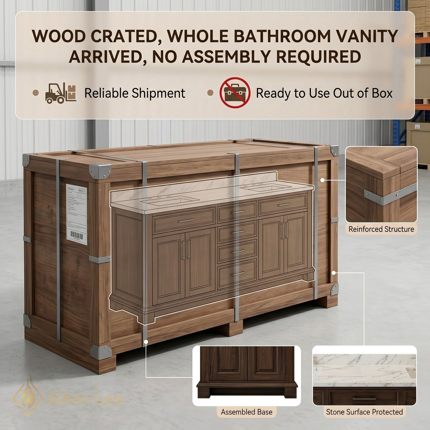 70''-96'' Elegant Bathroom Vanity with Sink Dark Wood Marble Deep Drawers Cabinet