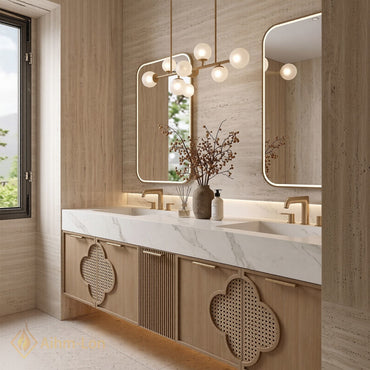 72''-96'' Double Bathroom Vanity with Sink Carved Lattice Doors Floating Design Marble