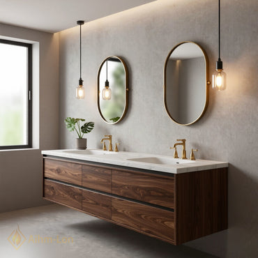 60''-96'' Modern Bathroom Vanity with Sink Floating Wooden Drawer White Stone Oval Mirrors