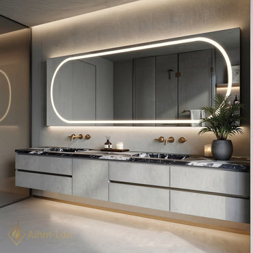 60''-96'' Floating Bathroom Vanity with Sink Double Basin Gray Textured Panels Round Mirror