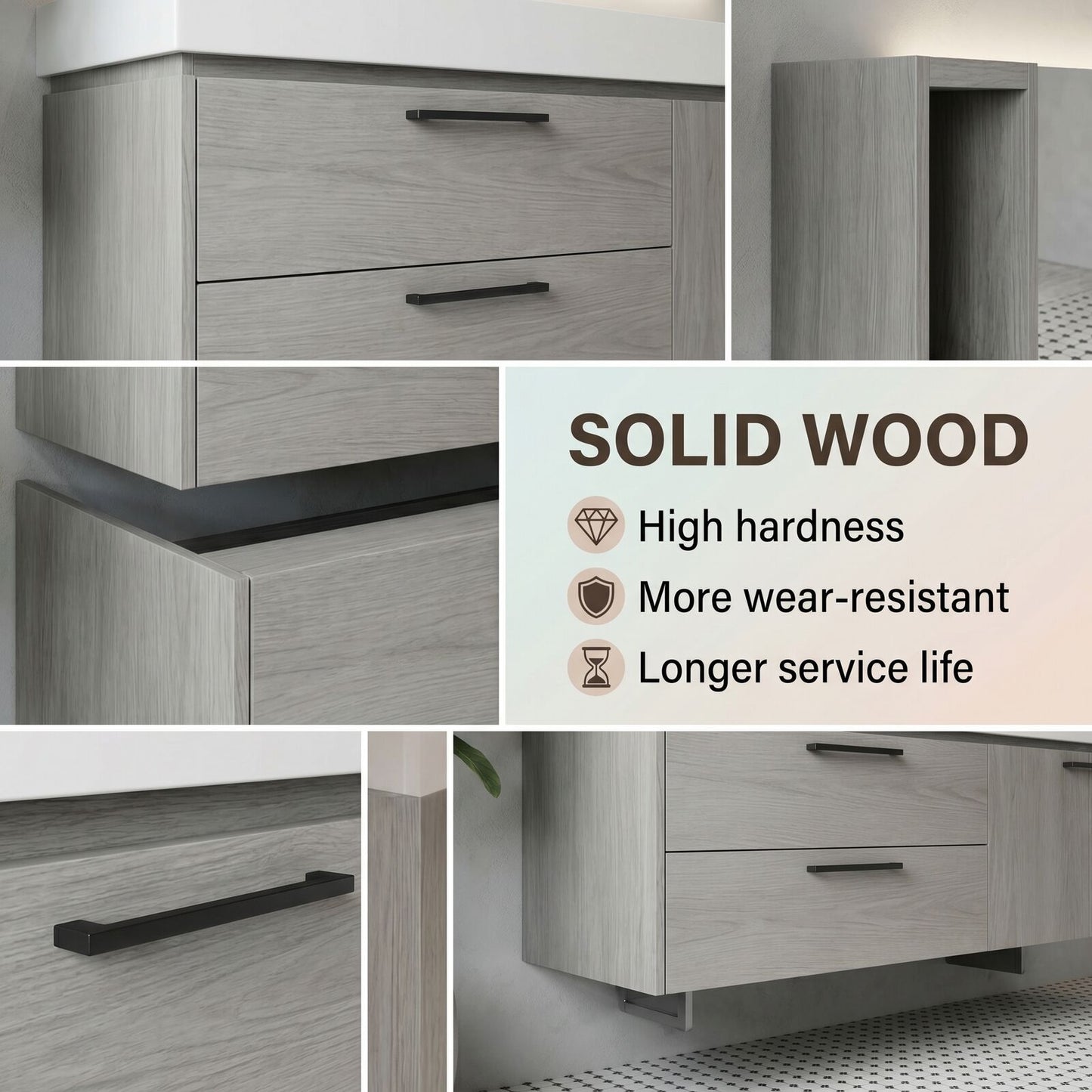 36''-64'' Modern Bathroom Vanity with Sink Single Grey Wood Grains Floating Mirror Cabinet