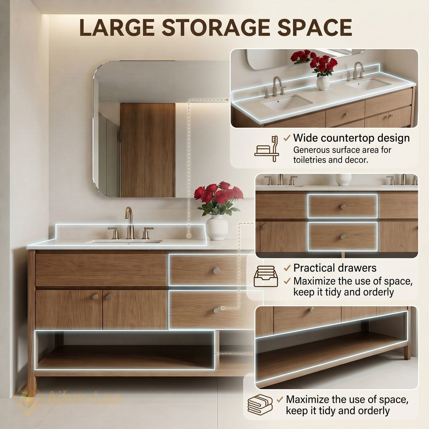 60''-96'' Modern Bathroom Vanity with Sink Woodgrain Open Shelf Base Smart Mirror