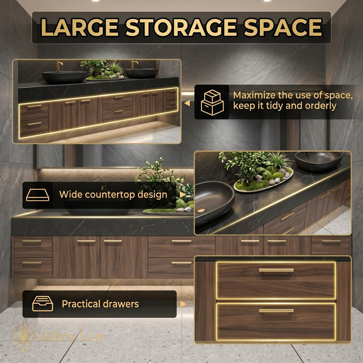 78''-96'' Double Bathroom Vanity with Sink Dark Wood Finish Drawer Storage