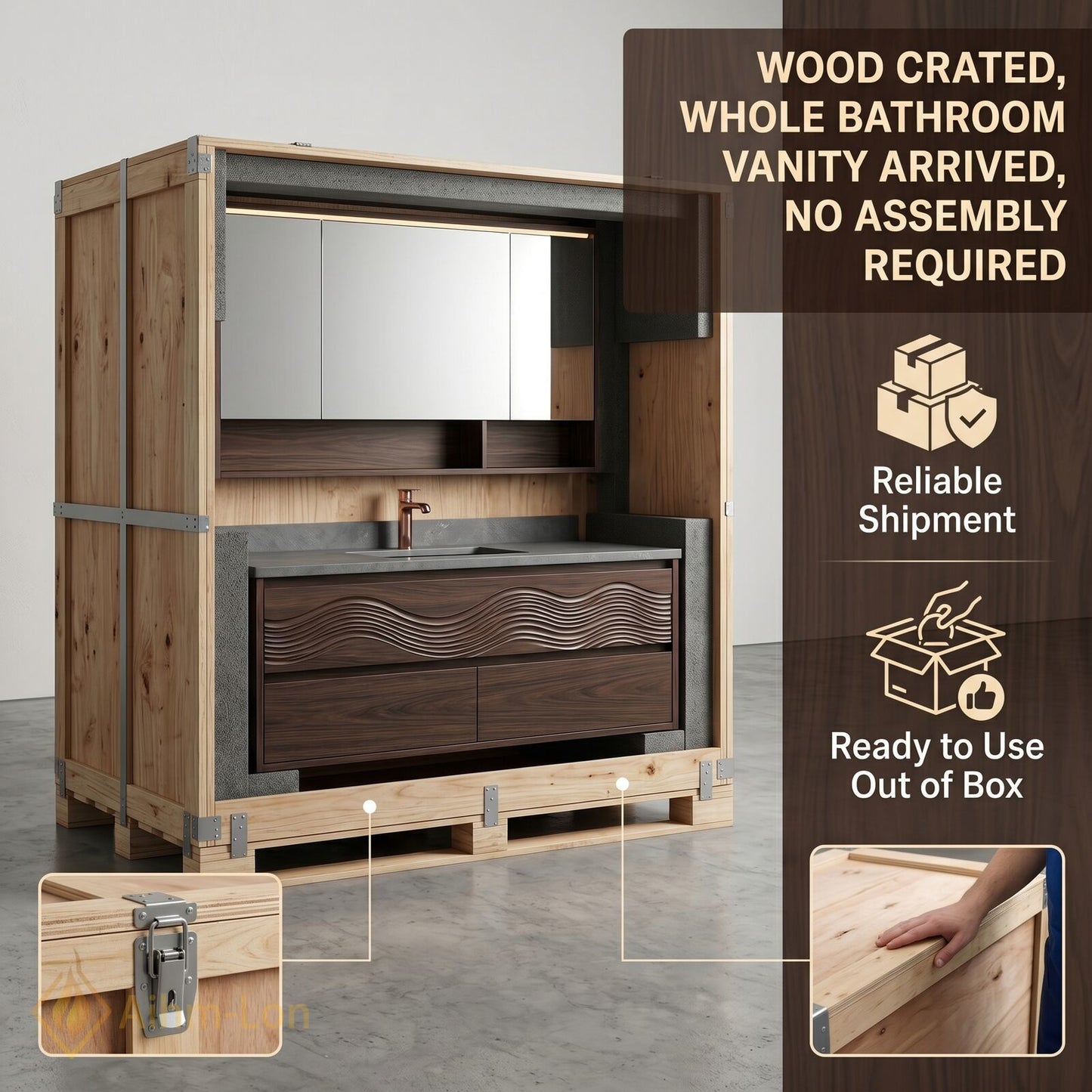 36''-64'' Modern Bathroom Vanity with Sink Floating Wavy Carved Wood Anti-Fog Mirror
