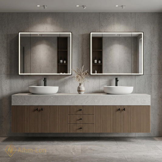 60''-96'' Double Bathroom Vanity with Sink Floating Slatted Wood Front Stone Top