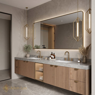 70''-96'' Double Bathroom Vanity with Sink Floating Elegant Slat Design Wooden Textured