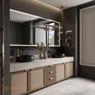 70''-96'' Double Bathroom Vanity with Sink Dark Walnut Finish Rattan Slatted Center