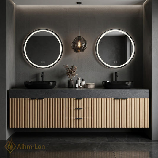 60''-96'' Double Bathroom Vanity with Sink Natural-Wood Modern Slatted-Panel Grain