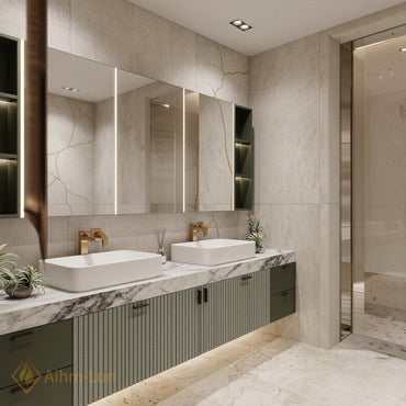 60''-96'' Double Bathroom Vanity with Sink Floating Green Fluted Panels Stone Countertop