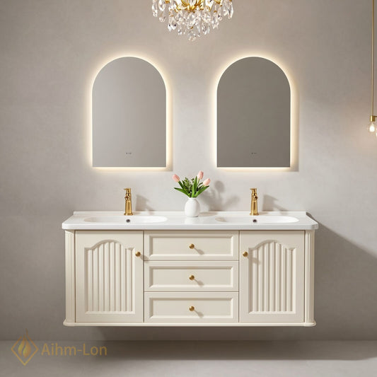 60''-96'' Modern Bathroom Vanity with Sink Floating Cream Arch-Topped Mirrors Drawers Storage