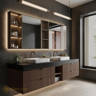 72''-96'' Double Bathroom Vanity with Sink Floating Double Dark Walnut Slatted Doors