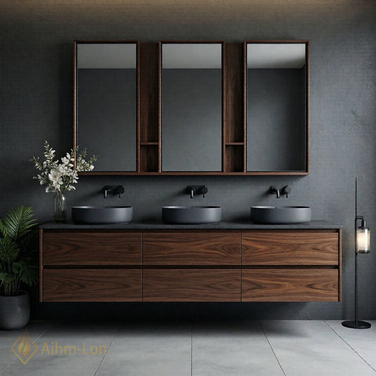 78''-96'' Modern Bathroom Vanity with Sink Triple Dark Walnut Grey Open Shelving Drawers
