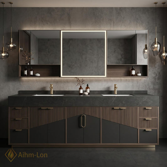 60''-96'' Double Bathroom Vanity with Sink Modern Ribbed Vertical Panels Dark Charcoal
