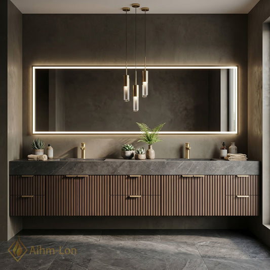76''-96'' Double Bathroom Vanity with Sink Vertical Slatted Panels Floating Storage Deep