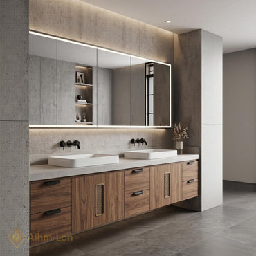 60''-96'' Double Bathroom Vanity with Sink Floating Warm Walnut Grain Mesh Details
